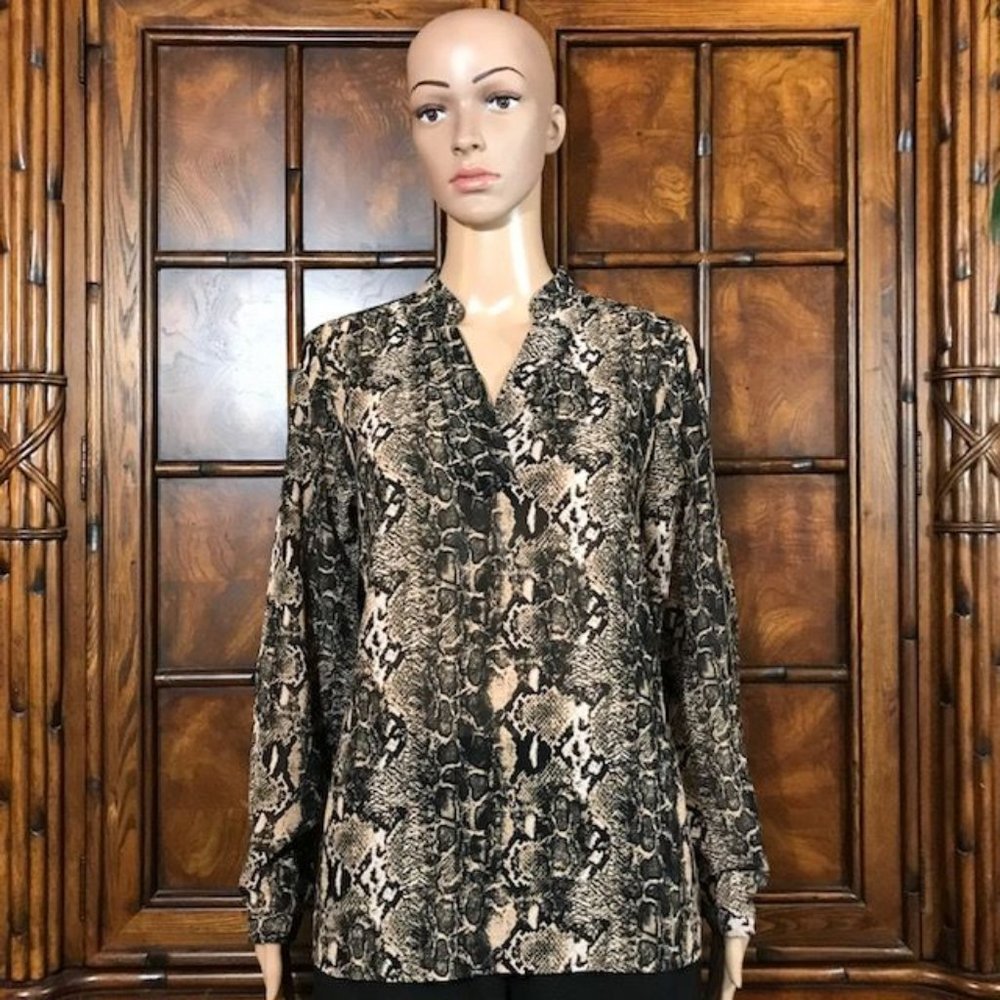 Joan Rivers Natural Python Micro Crepe Overlay V-neck Top